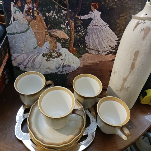 80's Mikasa WHOLE WHEAT Cream Center Brown Edge Stoneware Cups&Saucers Set 4. - Picture 4 of 16